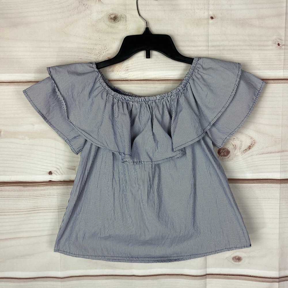Potters Pot Top Womens Small Blue White Pinstripe Ruffle Neck Stretch Blouse